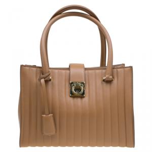 Pre Owned Salvatore Ferragamo Brown Vertical Stripe Leather Marlene Tote
