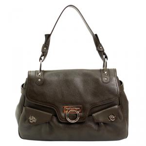 Pre Owned Salvatore Ferragamo Khaki Leather Shoulder Bag