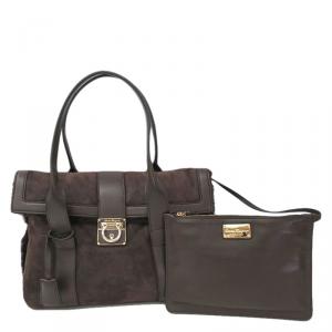 Pre Owned Salvatore Ferragamo Dark Brown Mouton/Leather Sookie Tote