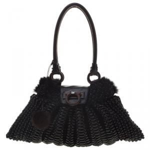 Pre Owned Salvatore Ferragamo Black Beaded and Lizard Trim with Fur Lining Tote