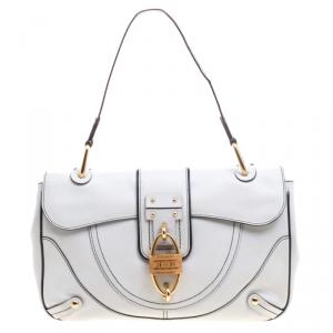 Pre Owned Salvatore Ferragamo White Leather Bamboo Motif Shoulder Bag