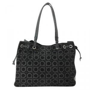 Pre Owned Salvatore Ferragamo Black Monogram Suede/Leather Tote