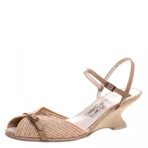 Salvatore Ferragamo Beige Raffia and Leather Ankle Strap Wedge Sandals Size 39