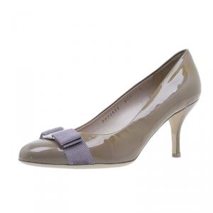 Pre Owned Salvatore Ferragamo Grey Patent Leather Carla Pumps Size 36.5
