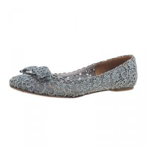Pre Owned Salvatore Ferragamo Grey Lace Bombay Ballet Flats Size 38.5