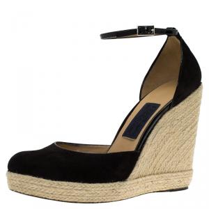 Salvatore Ferragamo Black Suede Ankle Strap Espadrille Wedges Size 39.5