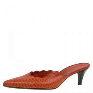 Salvatore Ferragamo Orange Scalloped Leather Kitten Heel Slides Size 39.5
