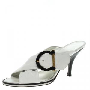 Salvatore Ferragamo White Leather Gancini  Crosss Strap Slides Size 37