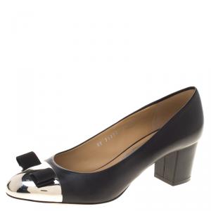 Pre Owned Salvatore Ferragamo Black Leather Nara Metal Cap Toe Pumps Size 40.5