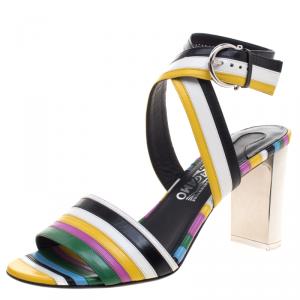 Salvatore Ferragamo Multicolor Stripe Leather Gilli Ankle Wrap Sandals Size 40