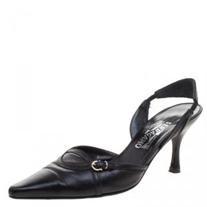 Salvatore Ferragamo Black Leather Pointed Toe Slingback Sandals Size 39.5
