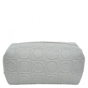 Salvatore Ferragamo Light Grey Calfskin Leather Gancini Cosmetic Pouch
