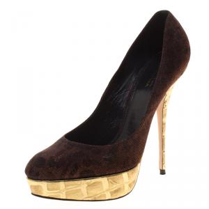 Sebastian Bronze Printed Lamé Fabric Platform Pumps Size 40