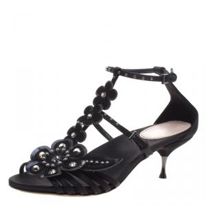 Sebastian Black Floral Embellished Satin Strappy Sandals Size 37