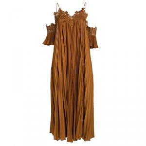 Self Portrait Camel Brown Plisse Lace Trim Cold Shoulder Maxi Dress M