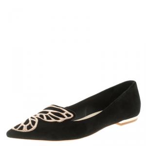 Sophia Webster Black Embroidered Suede Bibi Butterfly Pointed Toe Ballet Flats Size 39.5
