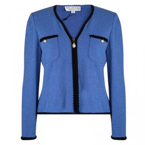 St. John Empire Blue Contrast Trim Detail Boucle Jacket L