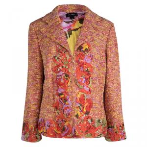 St. John Multicolor Tweed Floral Applique Detail Zip Front Blazer L