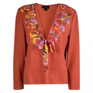 St. John Orange Lurex Knit Floral Applique Detail Cardigan L