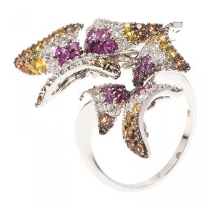 Stefan Hafner White Gold Diamonds and Colored Sapphire Fancy Flower Ring Size 54