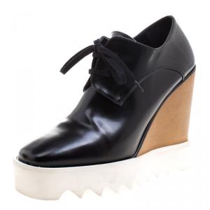 Stella McCartney Black Faux Leather Leana Wooden Wedge Lace-Up Oxfords Size 38