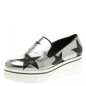 Stella McCartney Grey Metallic Faux Leather Binx Star Platform Slip On Sneakers Size 38