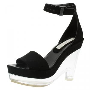 Stella McCartney Black Faux Suede Ankle Strap Platform Wedge Sandals Size 37