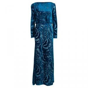 Tadashi Shoji Blue Devore Full Sleeve Gown S