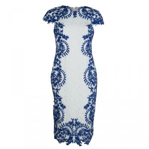 Tadashi Shoji White and Blue Embroidered Floral Lace Midi Dress M