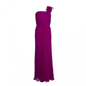 Tadashi Shoji Pink Crinkled Chiffon Ruched Embellished Strapless Gown  M