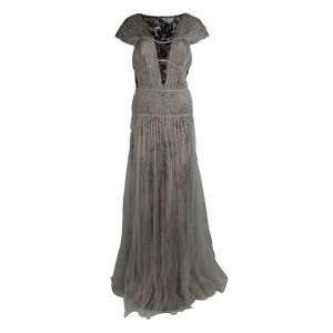 Tadashi Shoji Pleated Lace Grey Black Gown XXL