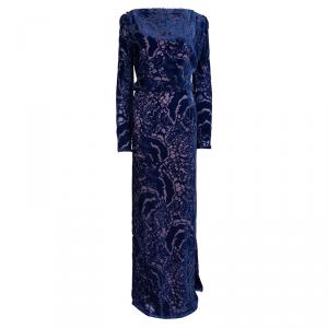 Tadashi Shoji Blue Devore Full Sleeve Gown L