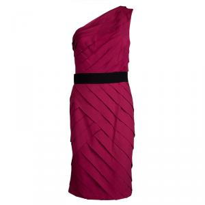 Tadashi Shoji Pink Ruffled Belted One Shoulder Dress S