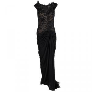 Tadashi Shoji Black Floral Applique Detail Embellished Draped Gown M