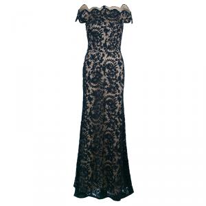 Tadashi Shoji Black and Beige Scalloped Gown M
