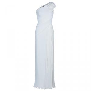 Tadashi Shoji White Pleated One Shoulder Gown M