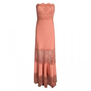 Tadashi Shoji Orange Lace and Pintuck Detail Strapless Gown XS