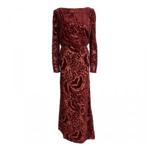 Tadashi Shoji Red Devore Velvet Long Sleeve Gown M