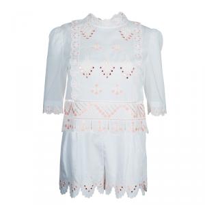 Temperley London White Mirrorwork and Cutwork Embroidered Scallop Detail Hika Top and Shorts Set M
