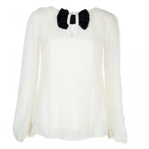 Temperley London Cream Contrast Bow Detail Long Sleeve Silk Blouse M