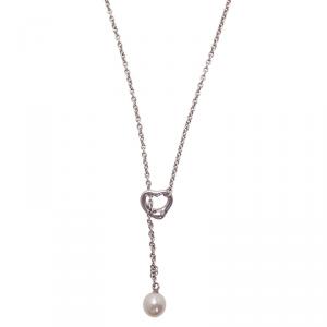 Pre Owned Tiffany & Co. Elsa Peretti Open Heart Lariat Pearl Sterling Silver Necklace