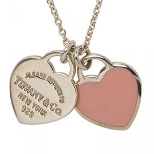 Pre Owned Tiffany & Co. Return to Tiffany Mini Double Heart Tag Pink Enamel Silver Pendant & Chain Necklace