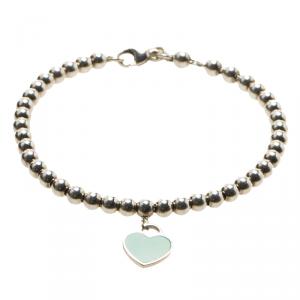 Pre Owned Tiffany & Co. Return to Tiffany Enamel Heart Tag Silver Beads Bracelet 17cm