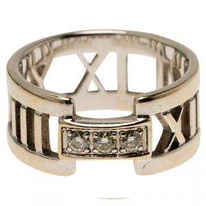 Pre Owned Tiffany & Co. Atlas 3 Diamonds White Gold Open Band Ring Size 50