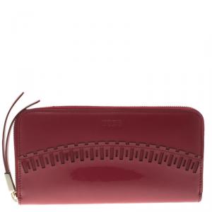 Tod's Carmine Red Patent Leather Zip Around Continental Wallet
