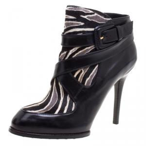 مملوكة مسبقًا Tod's Black Leather and Zebra Print Hair On Ankle Boots Size 37