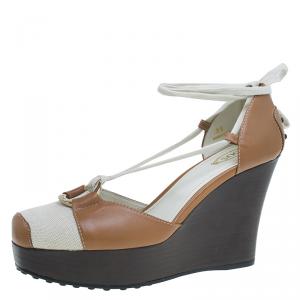 Pre Owned Tod's Cream and Brown Canvas Lace Up Wedge Sandals Size 39