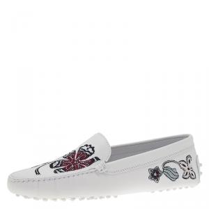 Pre Owned Tod's White Leather Floral Embroidered Loafers Size 38