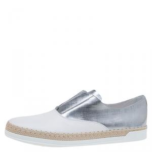 Pre Owned Tod's Silver and White Leather Francesina Slip On Espadrille Sneakers Size 39.5