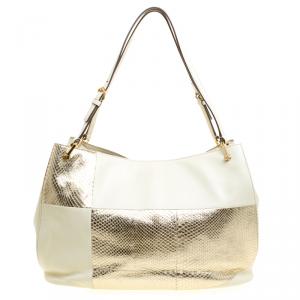 Pre Owned Tod's Cream/Gold Leather and Python Horse Block Grand Shopping Tote